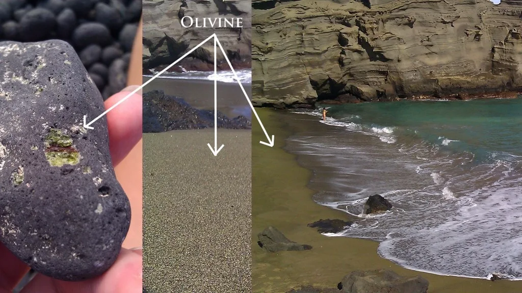 Green sand beach in Hawaii showing the olivine up close. 