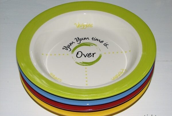 Cute portion control dishes in different colors. 