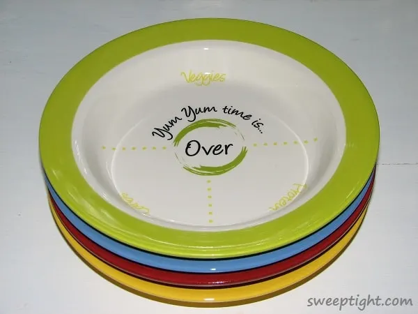 Cute portion control dishes in different colors. 