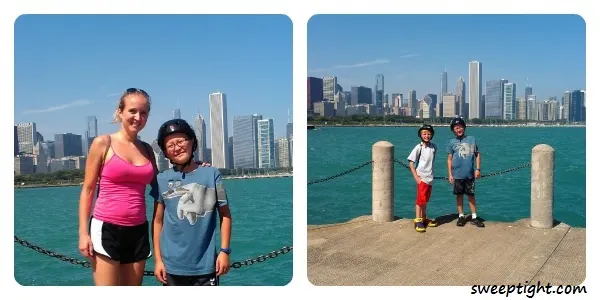 Shelley and Adam in Chicago and Niko and Adam in front of the lake. 