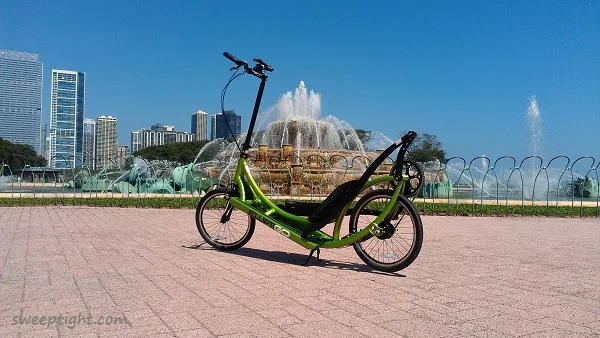 ElliptiGo elliptical bike in front of Buckingham fountain. 