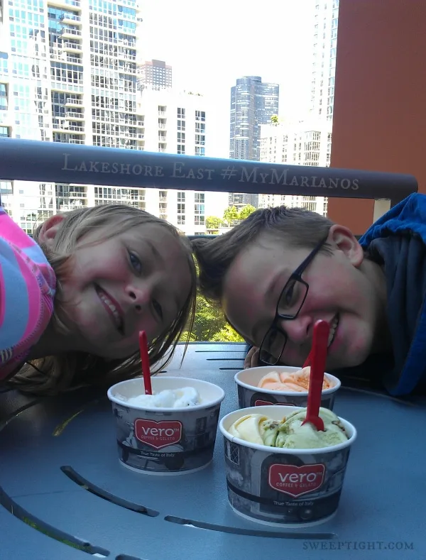 The kids enjoy Vero Gelato on the patio of Lakeshore East Mariano's. 