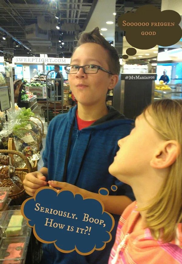 Adam and Chesney trying the homemade fudge at Mariano's.