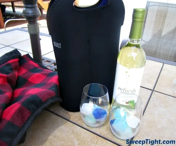 Wine, ice cubes, and a picnic blanket. 