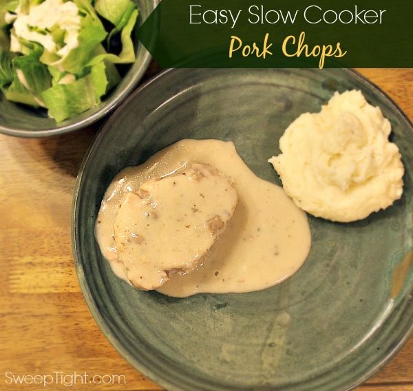 Mashed potatoes and pork chop with gravy on a plate. 