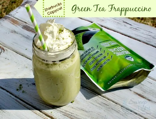 Copycat Starbucks Green Tea Frappuccino sitting outside.