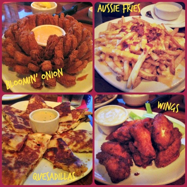 Outback Appetizers - Bloomin' Onion, Aussie Fries, Quesadillas, and Wings. 
