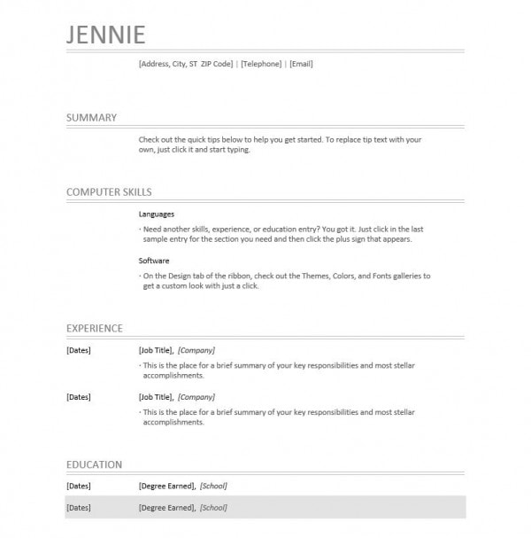 Example resume using Microsoft Word. 