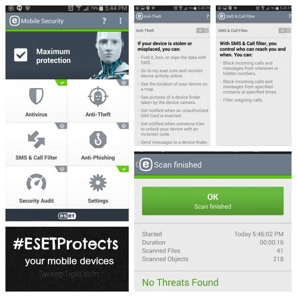 Screenshots of ESET mobile security. 