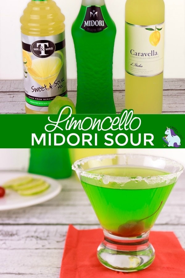 Limoncello midori sour drink with bottles needed to make it.