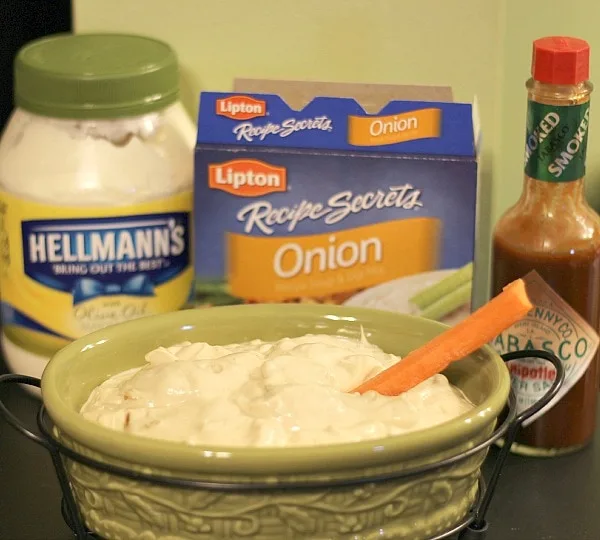Mayo, onion soup mix, tabasco sauce, and onion dip. 