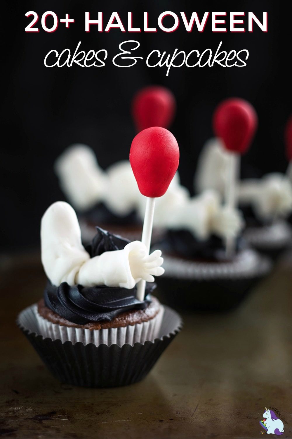 Clown cupcakes with red balloons.