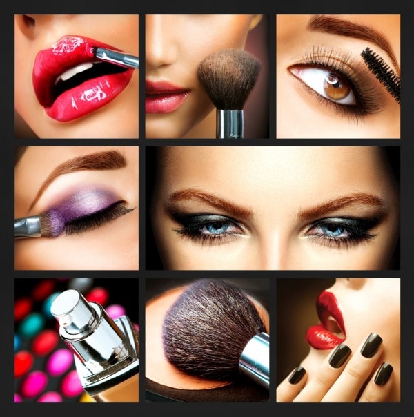 Collage of lips, eyes, makeup, and nails showing makeup and beauty products. 