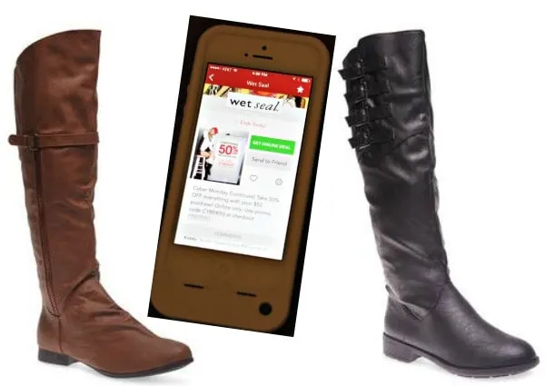 Boots and a digital coupon for Wet Seal on a phone. 