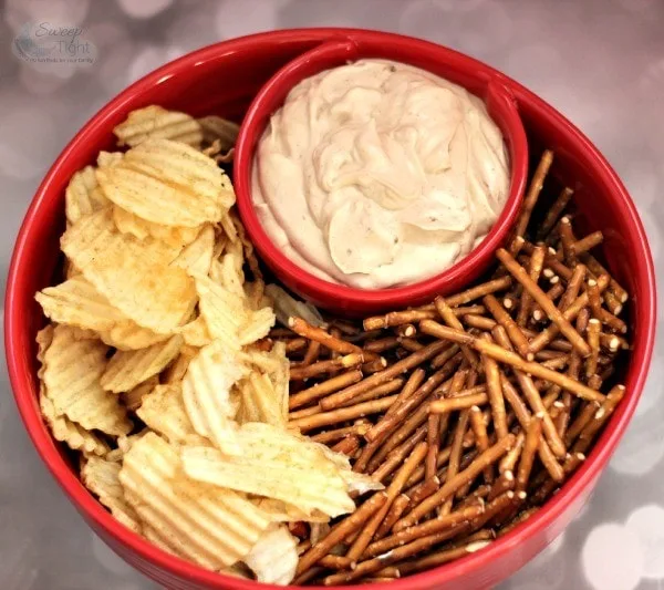 Chips 'n Dip Bowl with pretzel sticks, chips, and dip. 