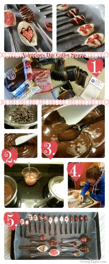 Collage of pictures during the process of making chocolate covered spoons.