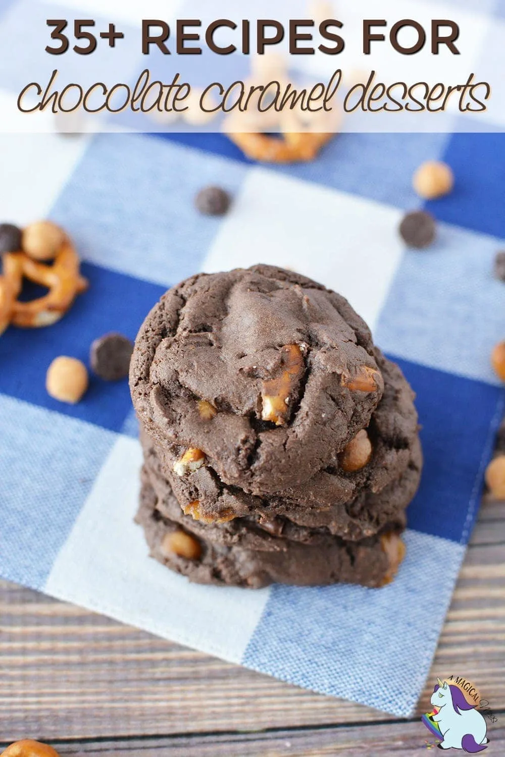 Chocolate caramel cookies with pretzels on a napkin.