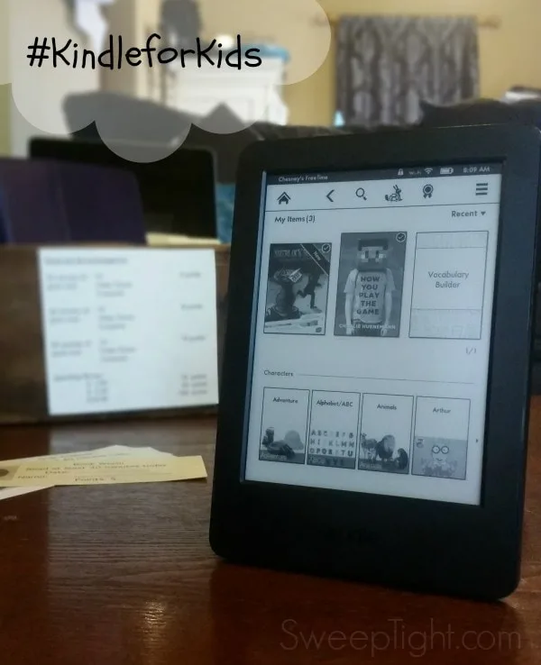 Kindle with books for kids on it. 
