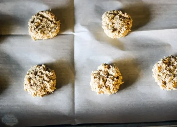 Oatmeal dog treats on a baking sheet ready for the oven.