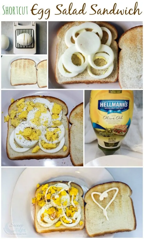 Steps to make a shortcut egg salad sandwich. 