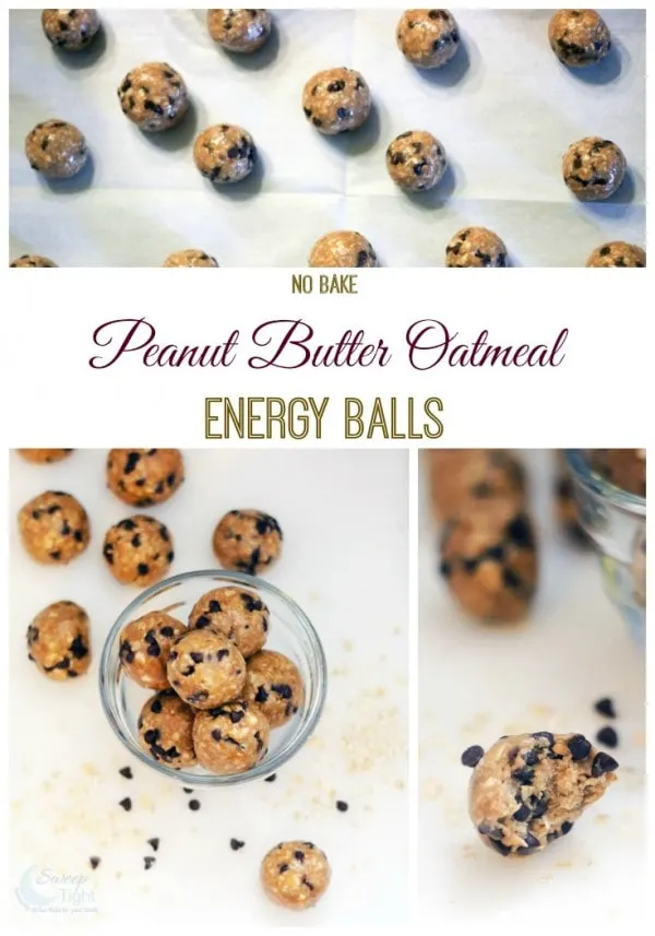 No bake energy bites with peanut butter and chocolate chips. 