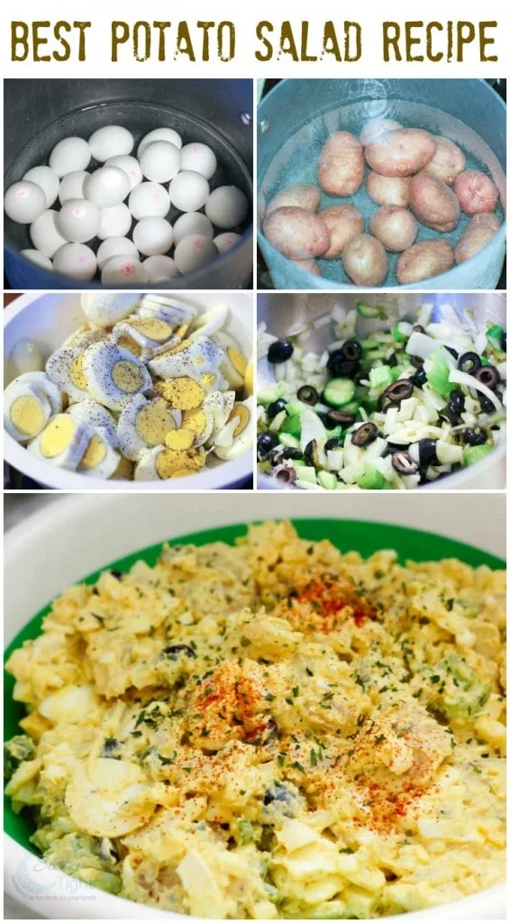 Eggs, potatoes, and other ingredients to make potato salad in a collage. 