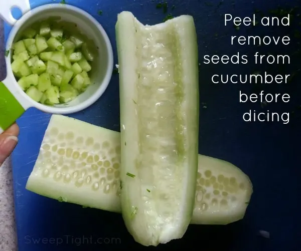 Peeled, seeded and diced cucumber for tabouli salad recipe