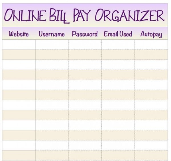 Online bill pay organizer - free printable