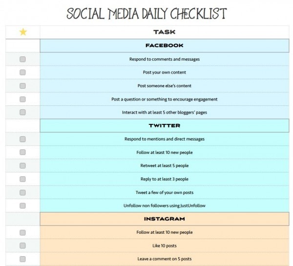 Social media daily checklist for bloggers - free printable