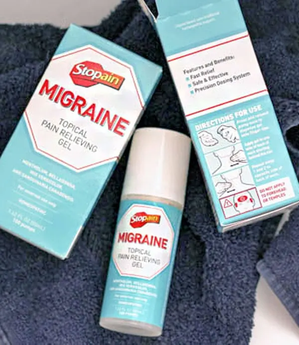 Box and bottle of Stopain migraine gel. 