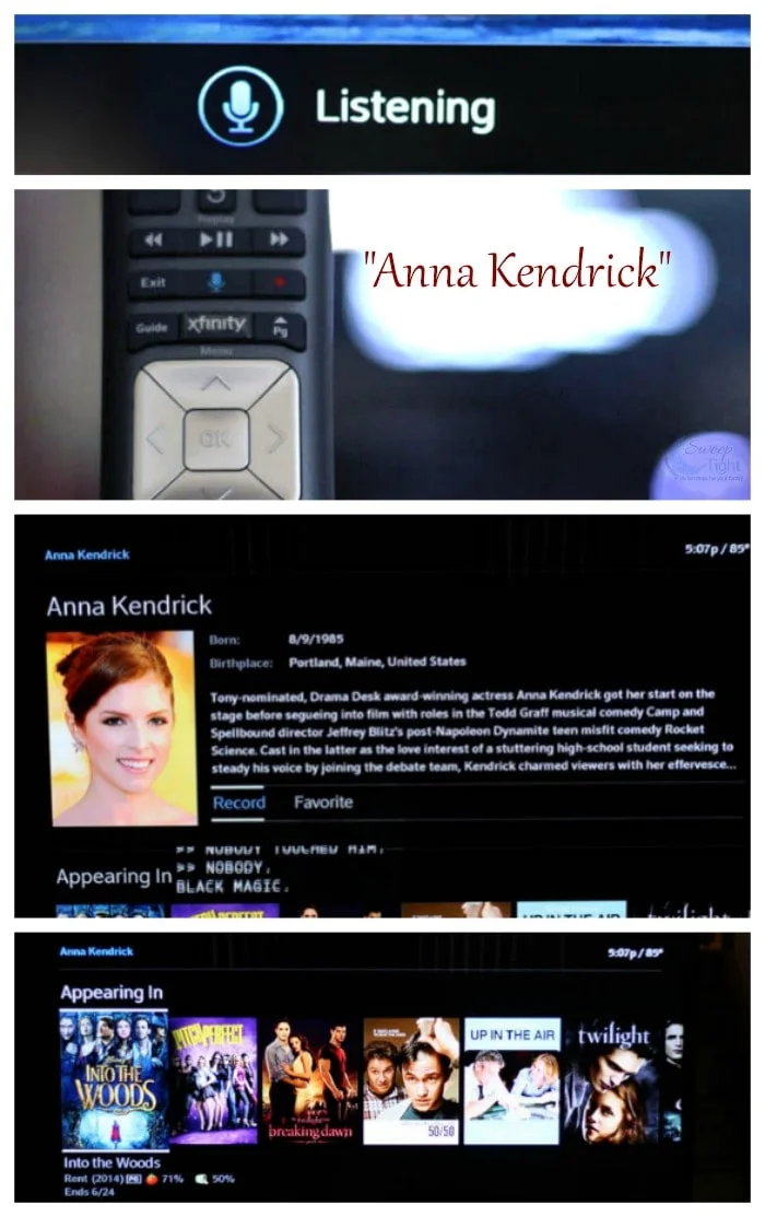 Searching for Anna Kendrick movies using the Xfinity voice remote. 