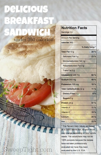 Breakfast sandwich with nutrition facts. 