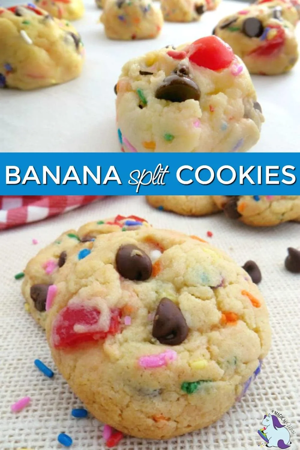 Banana split cookie dough and baked cookies on a sheet. 