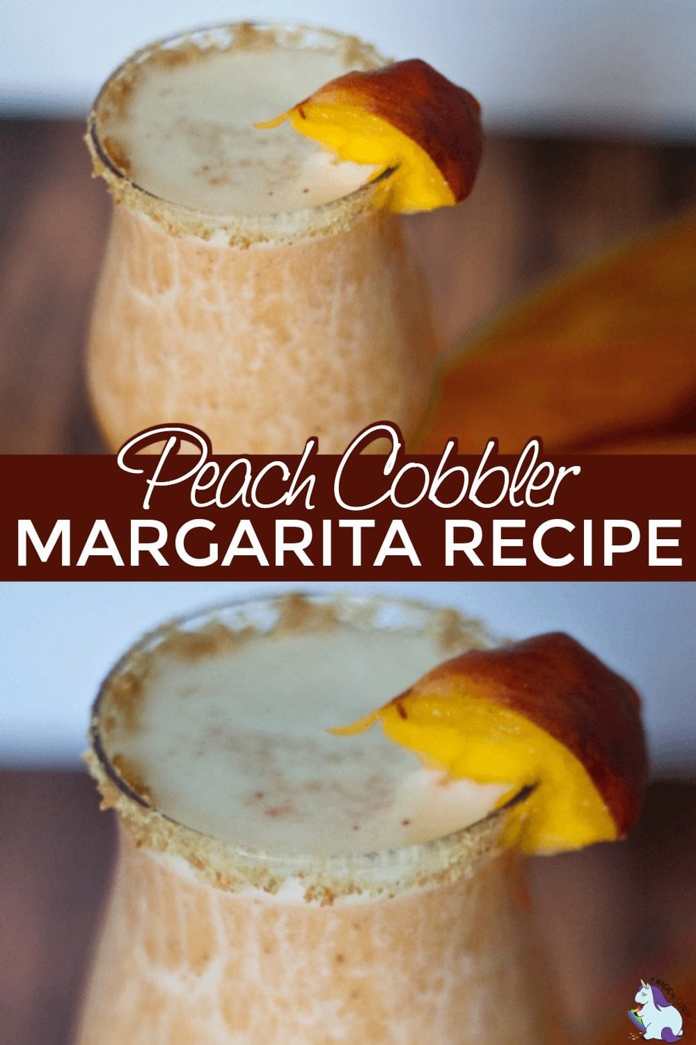 Collage of peach cobbler margarita in a glass