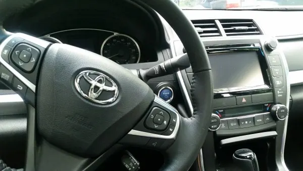 Inside the 2015 Toyota Camry Hybrid car.