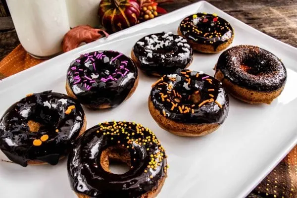 Gingerbread Doughnut Recipe with Dark Chocolate Glaze and Halloween Sprinkles.