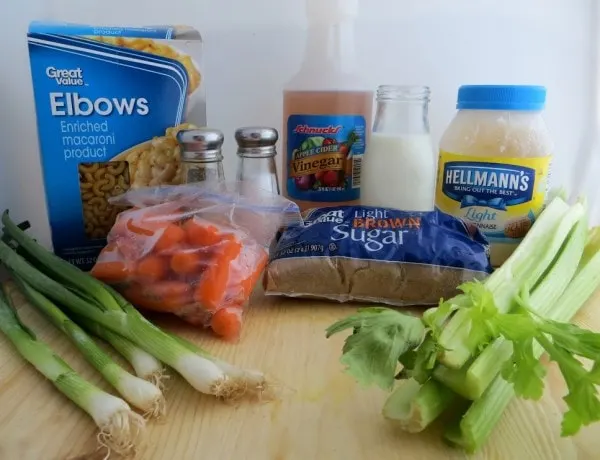 Macaroni, celery, carrots, brown sugar, and other ingredients. 