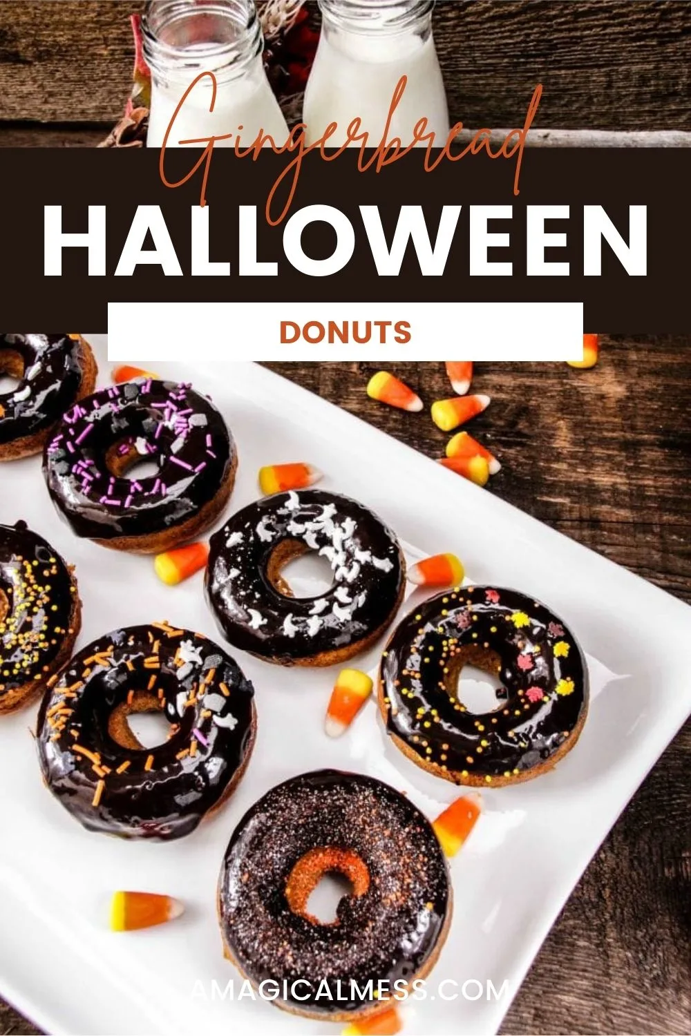 Dark chocolate donuts with halloween sprinkles on a plate.