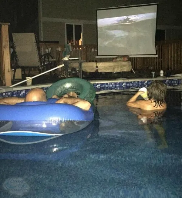 Watching Jaws from rafts in the pool