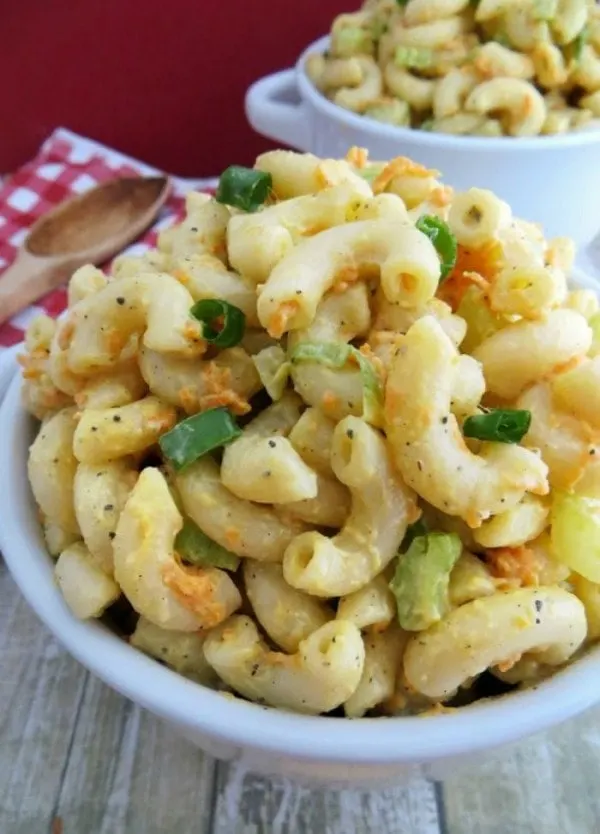 Bowl of macaroni salad. 