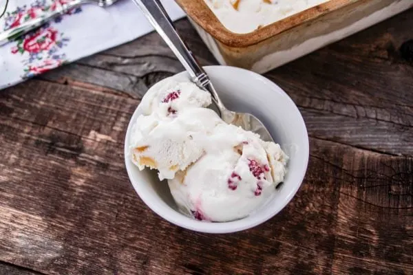 Raspberry and Peach ice cream in a bowl. 