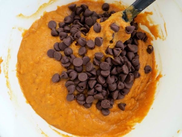 Mixing chocolate chips into pumpkin bread batter. 