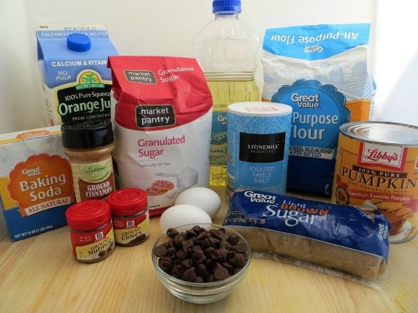 Baking soda, flour, chips, pumpkin, and other ingredients to make pumpkin bread. 