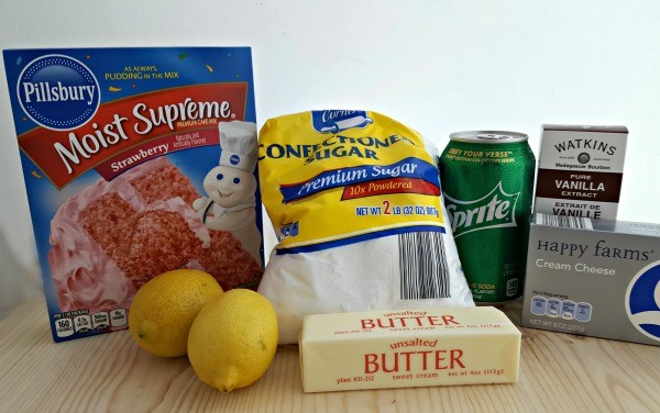 Strawberry cake mix, lemons, butter, powdered sugar, sprite, vanilla, and cream cheese. 