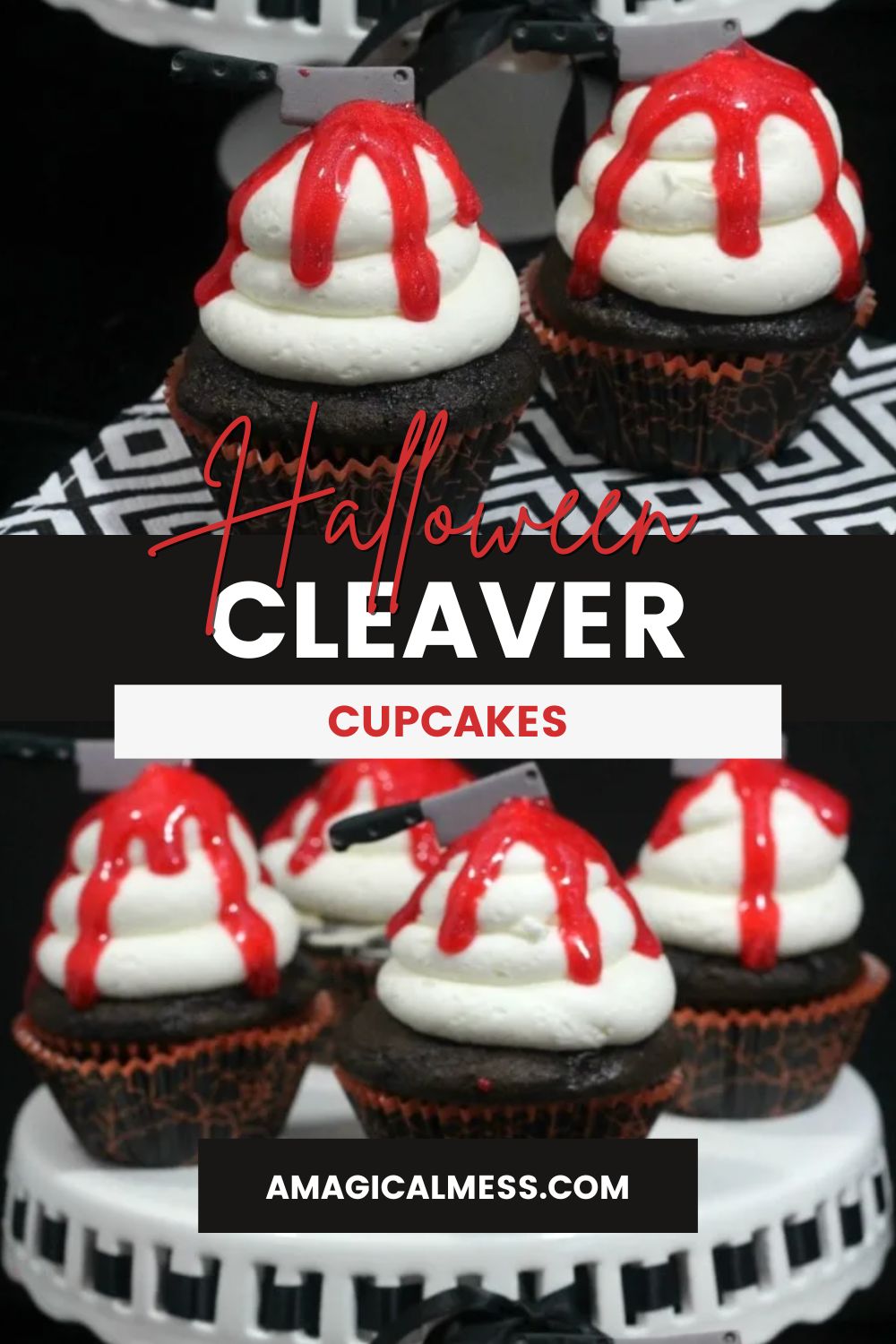 Dark chocolate cupcakes with white frosting and a knife with red dripping down for Halloween. 
