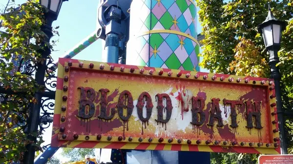 Sign that says "Blood Bath" at Fright Fest at Six Flags Great America.