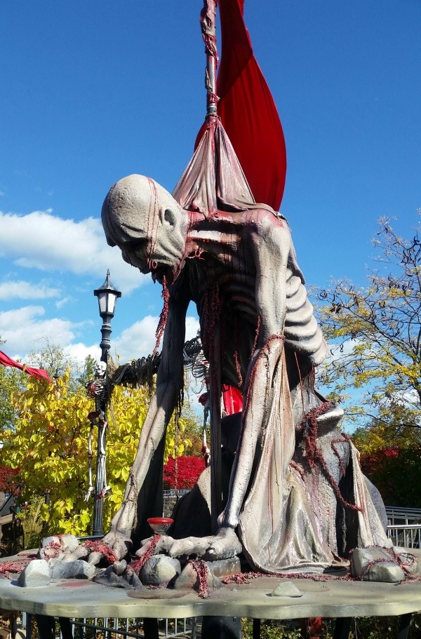 Gory skeleton looking decoration at Fright Fest at Six Flags Great America.