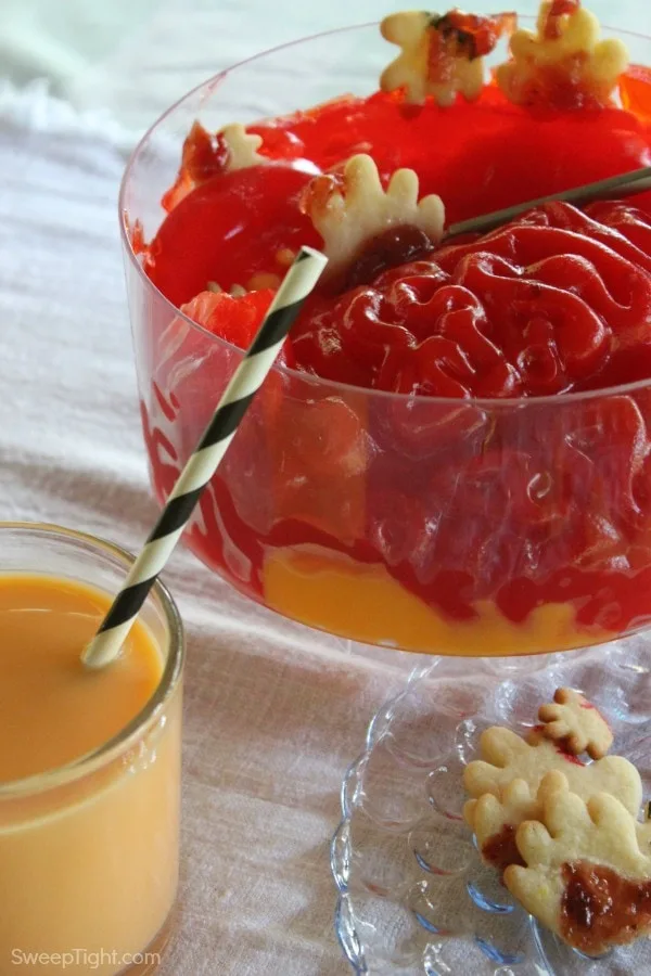 Jello brains, hand cookies, and orange cream milk. 