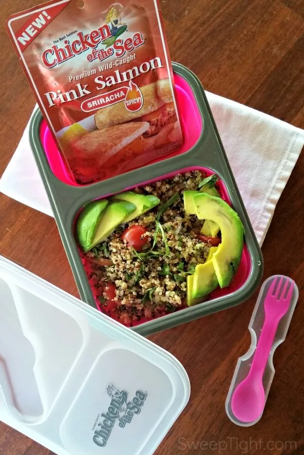 Chicken of the Sea pink salmon in a bento box with a quinoa salad. 