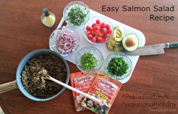 Onion, tomato, avocado, and other ingredients for salmon salad. 